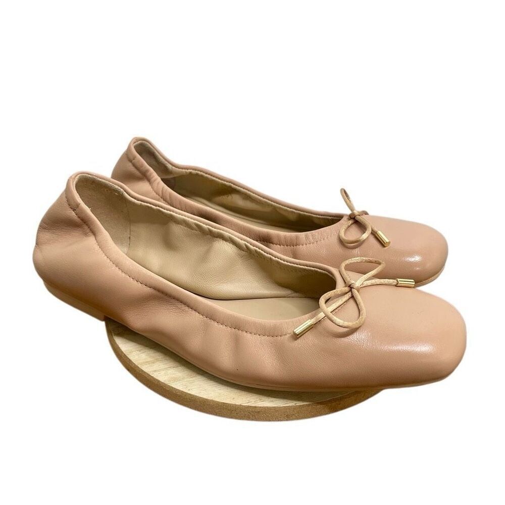 Stuart Weitzman Bardot Leather‎ Ballet Flats Square Toe Bow Tan Nude Neutral 7